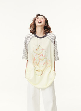 美式苹果印花条纹拼接短袖t恤女夏季设计感宽松休闲透气罩衫上衣
