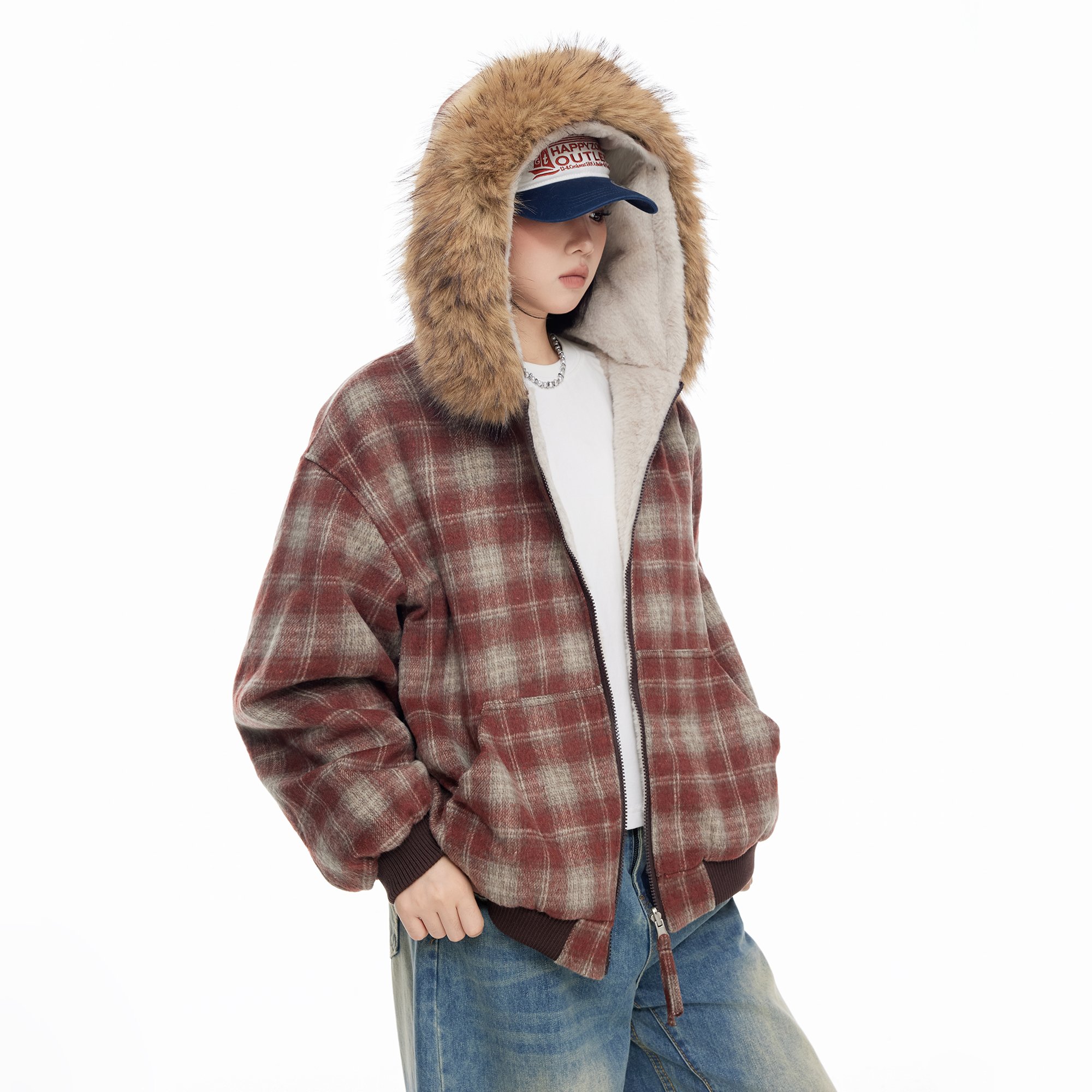 美式复古格子连帽外套女秋冬加厚加厚2025新款国潮宽松情侣棉衣潮