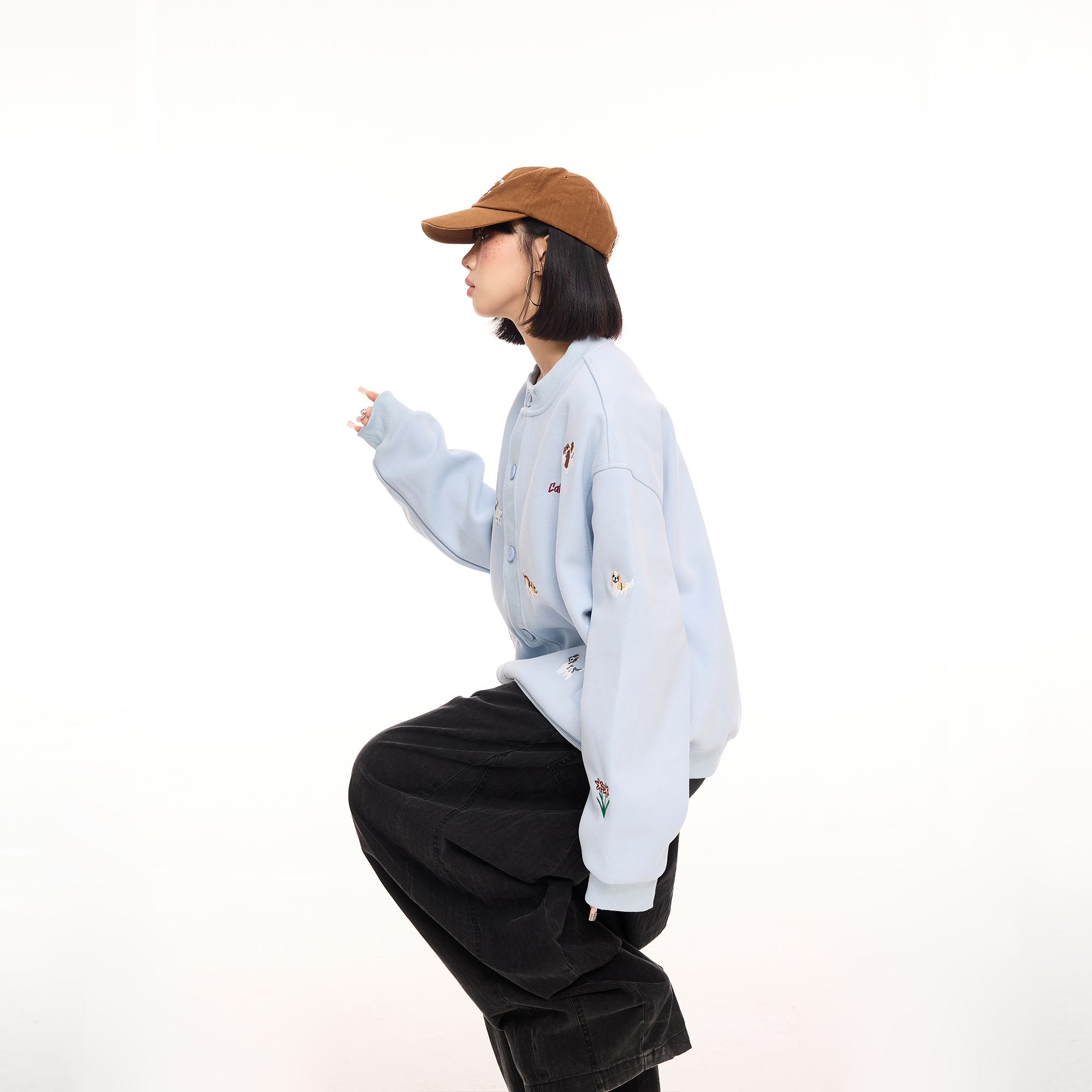 美式动物刺绣开衫外套女春秋2025新款早秋设计感宽松立领卫衣夹克