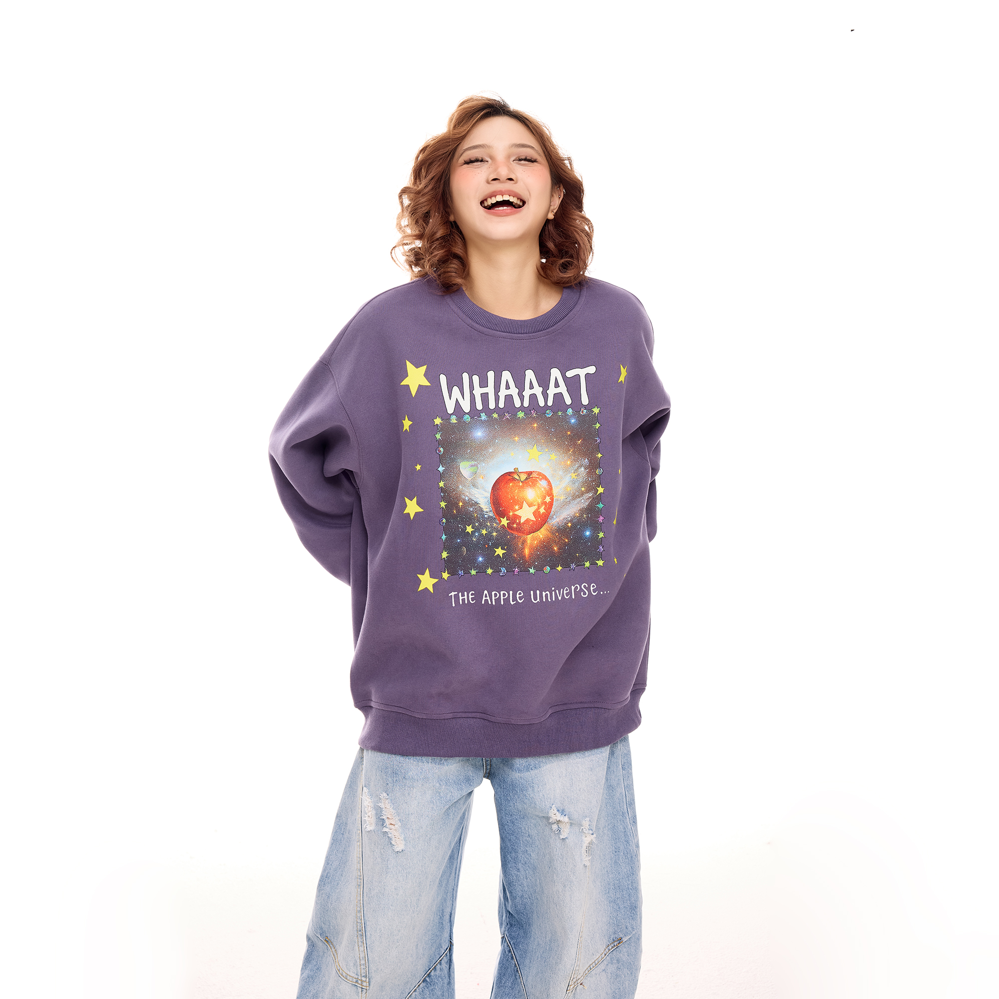 美式复古紫色圆领卫衣女2025新款秋季慵懒风宽松套头无帽上衣外套