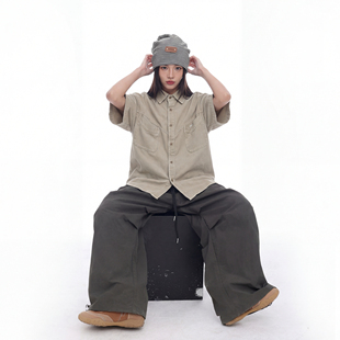美式复古解构水洗工装短袖衬衫女夏季新款街头休闲宽松休闲衬衣潮