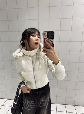 白色棉服女冬季短款连帽毛领棉衣高腰显瘦美式复古机车加厚外套潮