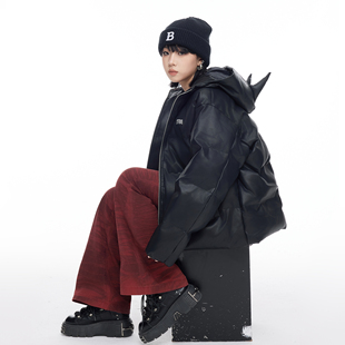 美式设计感耳朵黑色pu皮棉服女款2025新款冬季加厚面包服棉衣外套