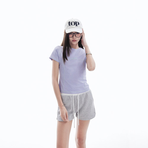 运动速干正肩t恤女短袖夏季新款美式哈苏线瑜伽上衣修身短款半袖