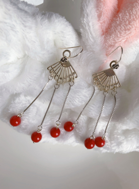 925银扇形流苏红海竹耳饰 中式复古婚庆宴会新娘妆汉服配饰