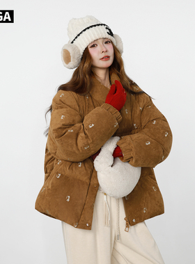 大嘎daga刺绣小猫灯芯绒冬装厚外套韩系2026超好看年轻款羽绒服女