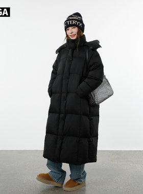 大嘎daga直筒泡芙格纹衍缝轻暖被子长款羽绒服女防风保暖宽松外套