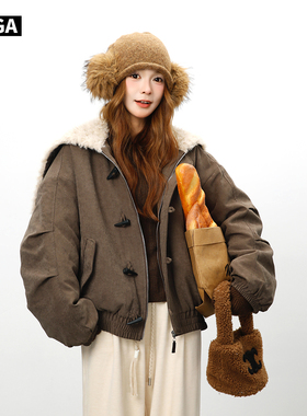 大嘎daga新巴恩风设计感小众连帽牛角扣羽绒服女短款工装夹克外套