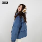 大嘎daga灯芯绒蓝色羽绒服女2025新款 立领无帽学院风加厚短款 外套