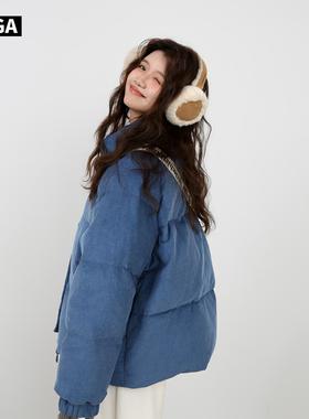 大嘎daga灯芯绒蓝色羽绒服女2025新款立领无帽学院风加厚短款外套