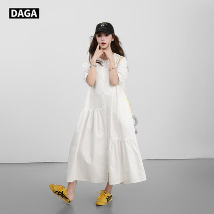 大嘎daga白色连衣裙女夏大码气质宽松衬衫裙长款小白裙高级感裙子