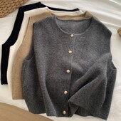 文艺复古气质小金扣针织马甲宽松短款 显瘦叠穿毛衣上衣百搭