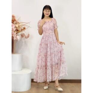 可路莎252586夏季 连衣裙印花长裙 一字肩碎花法式