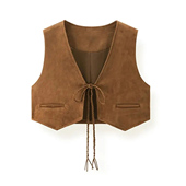 质检官图叠穿麂皮绒开衫 背心咖色复古系带v领马甲女