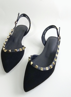 小码女鞋31 32 33平底鞋黑色真皮铆钉尖头浅口大码41包头后空凉鞋