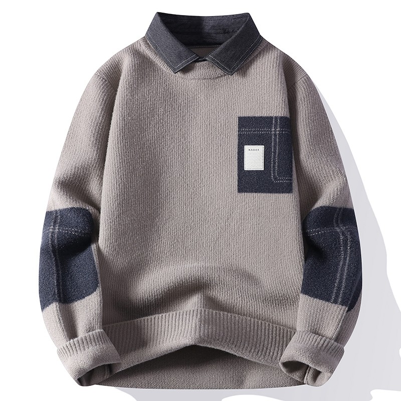 奥莱品牌折扣2025秋冬新款男士假两件针织衫高端时尚拼色上衣毛衣