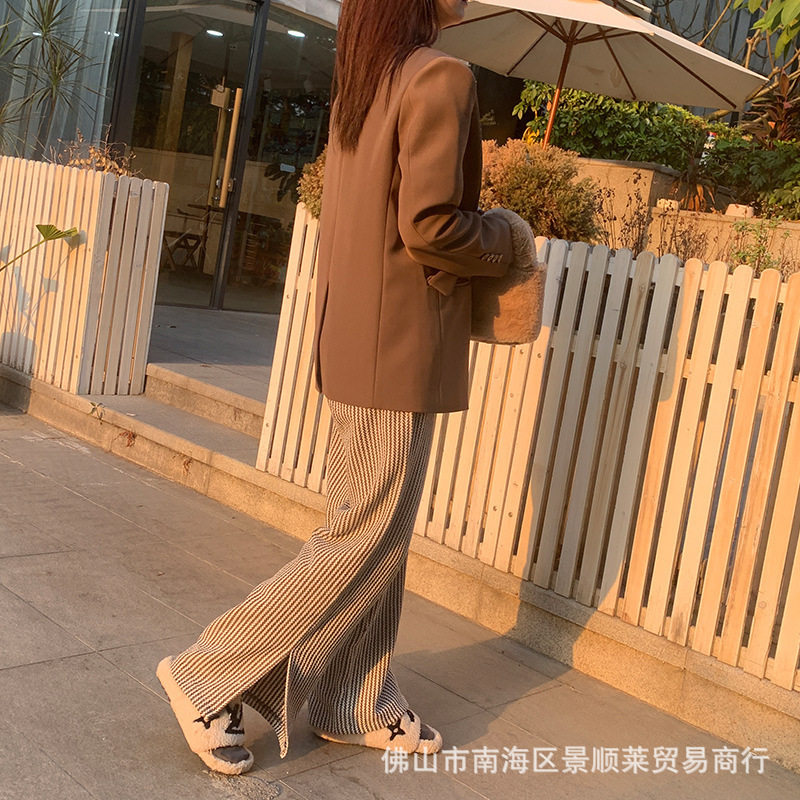 孕妇托腹裤条纹拖地裤开叉调节高腰长裤加厚显瘦外穿阔腿裤直筒