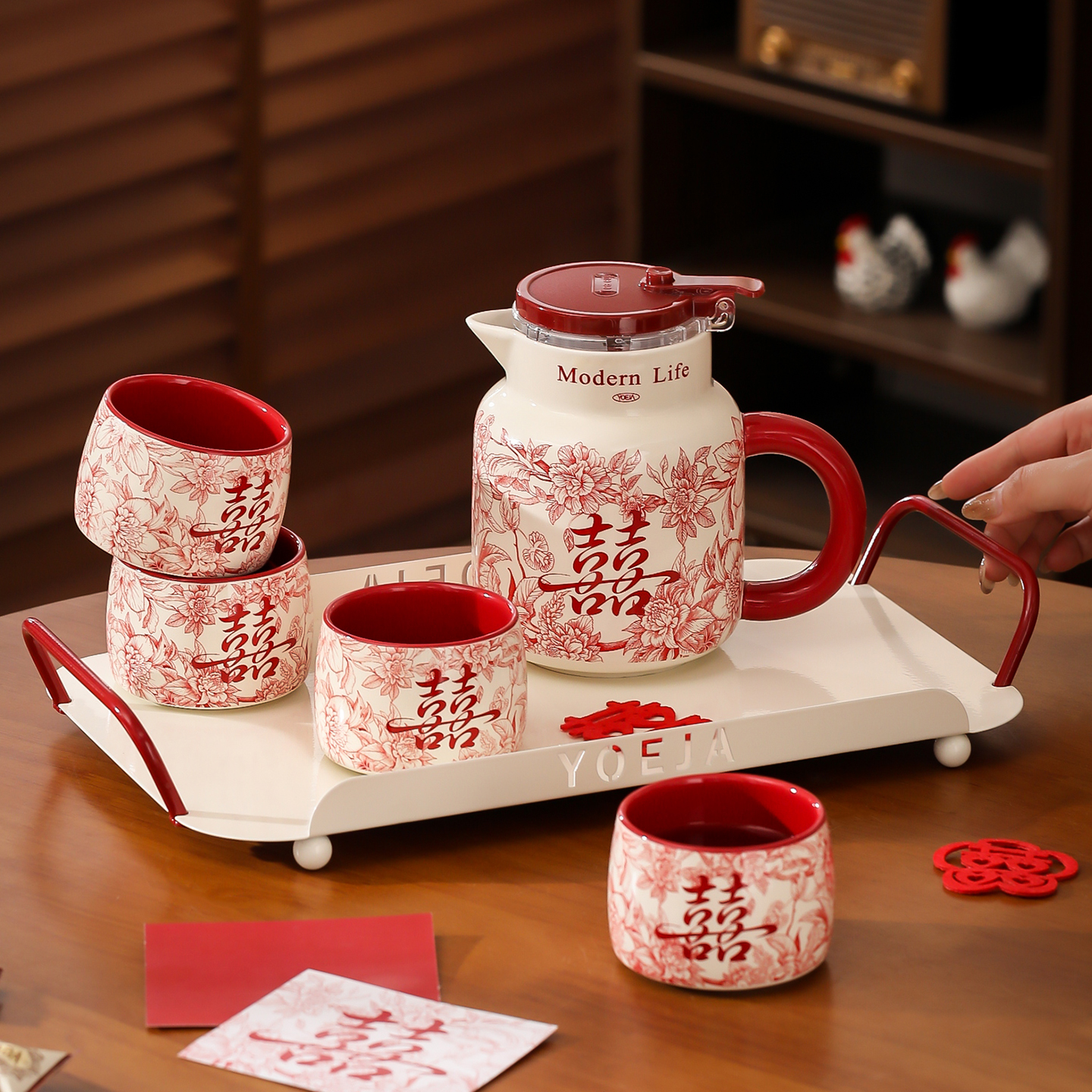 花囍茶具套装新婚礼物礼盒装轻奢高级感陶瓷水杯送闺蜜乔迁新居
