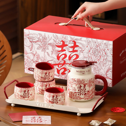 花囍茶具套装新婚礼物礼盒装轻奢高级感陶瓷水杯送闺蜜乔迁新居