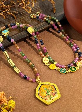 新中式天然碧玺长项链多巴胺彩色宝石串珠沙金唐卡吊坠秋冬毛衣链