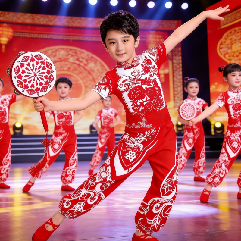 儿童盛世欢腾演出服女孩中国风开场喜庆打鼓服幼儿腰鼓舞蹈表演服