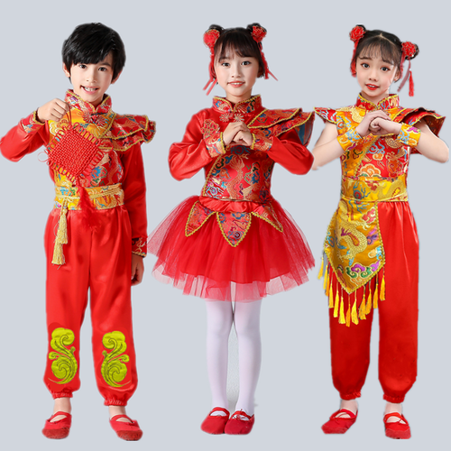 六一儿童喜庆中国风打鼓服开门红民族舞蹈服男女童腰鼓秧歌表演服