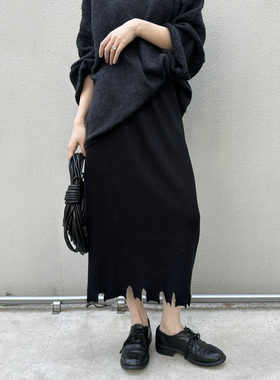 TAI胎。不规则下摆 暗黑风针织半身裙毛线直筒宽松显瘦秋冬女