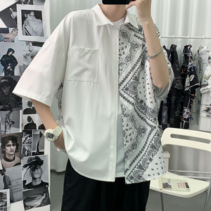 2026新款短袖衬衫腰果花拼色港风宽松大码休闲衬衣M-5XL-CS10-P38图片