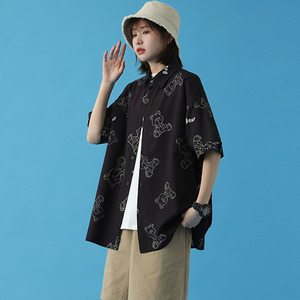 2026新款短袖衬衫小熊印花港风宽松大码休闲衬衣M-3XL-CS09-P38图片