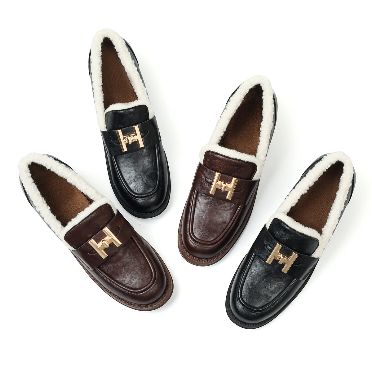 羊皮版~复古风金属H扣乐福鞋2025秋冬新款加绒女厚底单鞋