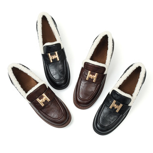 羊皮版~复古风金属H扣乐福鞋2025秋冬新款加绒女厚底单鞋