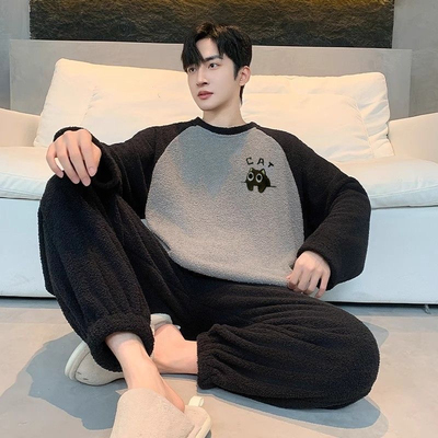 保暖加厚睡衣男款秋冬季珊瑚绒大码加肥黑色小猫半边绒家居服套装