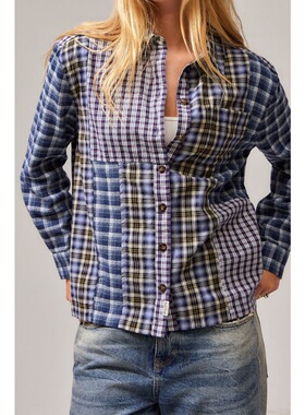 美国直邮女款BDG纯棉拼接格子长袖衬衫特价接受微瑕不退不換