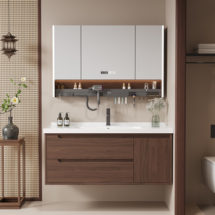 卫生间新中式 胡桃木智能浴室柜陶瓷一体盆卫浴洗脸盆柜组合卫生间