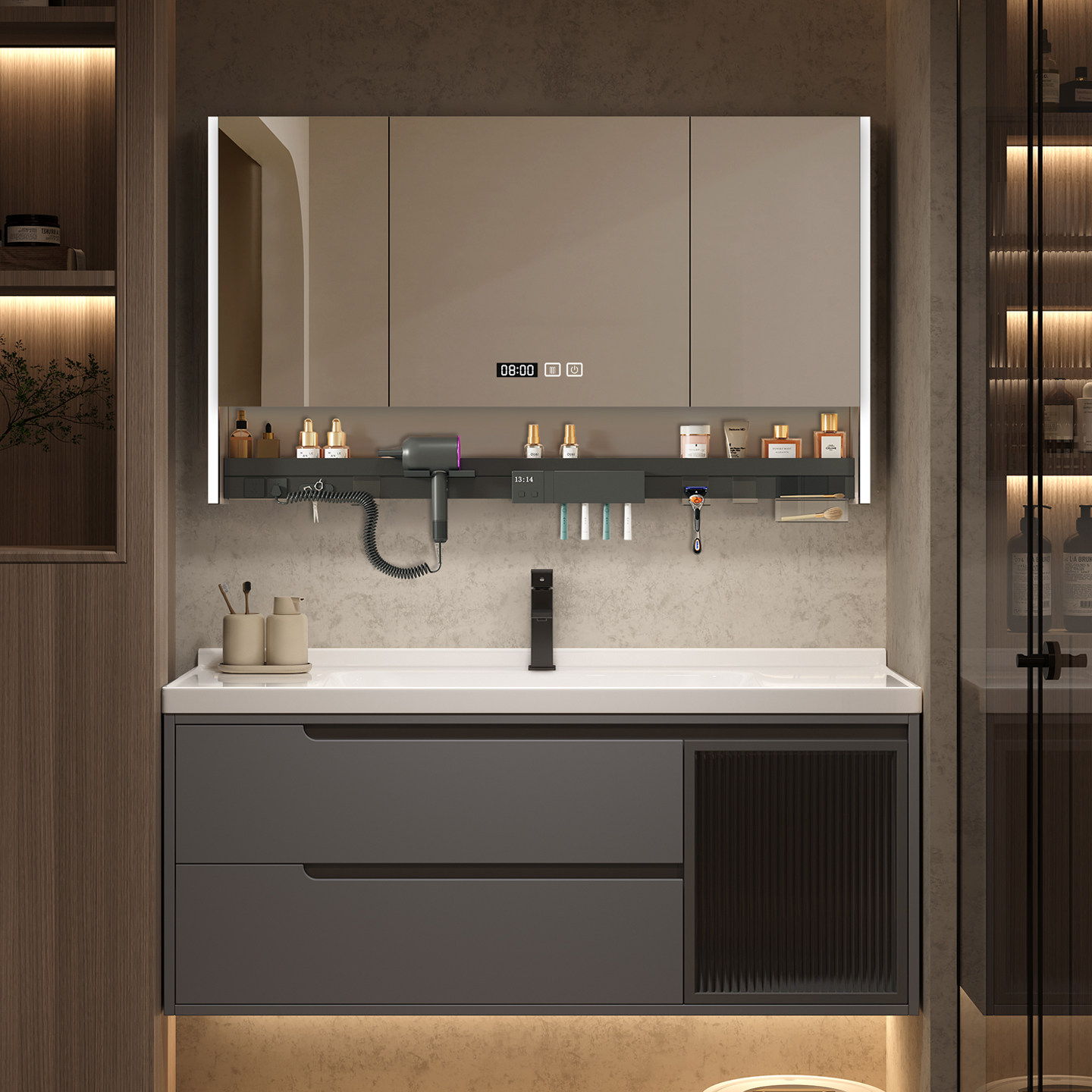 轻奢灰智能浴室柜组合卫生间洗手盆洗漱台洗手盆柜组合陶瓷一体盆,家装主材,浴室柜组合,淘宝优惠券,粉丝福利购,淘宝优惠卷