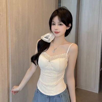 10184#夏季新款纯欲风蕾丝花边拼接吊带背心修身一体式带胸垫女