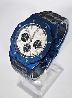 新款41mm精钢蓝色表壳+表带手表石英男士计时码表装日本vk63机芯