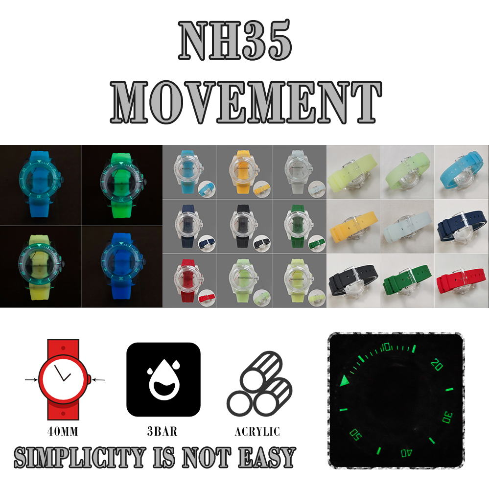 SUB透明塑料夜光表壳+表带 40mm亚克力表蒙 适合装NH35/36/4R机芯