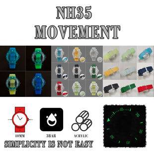 表带 40mm亚克力表蒙 NH35 4R机芯 适合装 SUB透明塑料夜光表壳