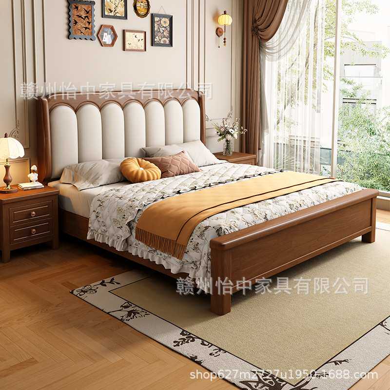 法式复古实木床美式民宿中古风简约艺术风1.8m双人软靠主卧大床