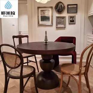 轻奢餐厅实木圆形餐桌简约做旧叱咤饭桌家具
