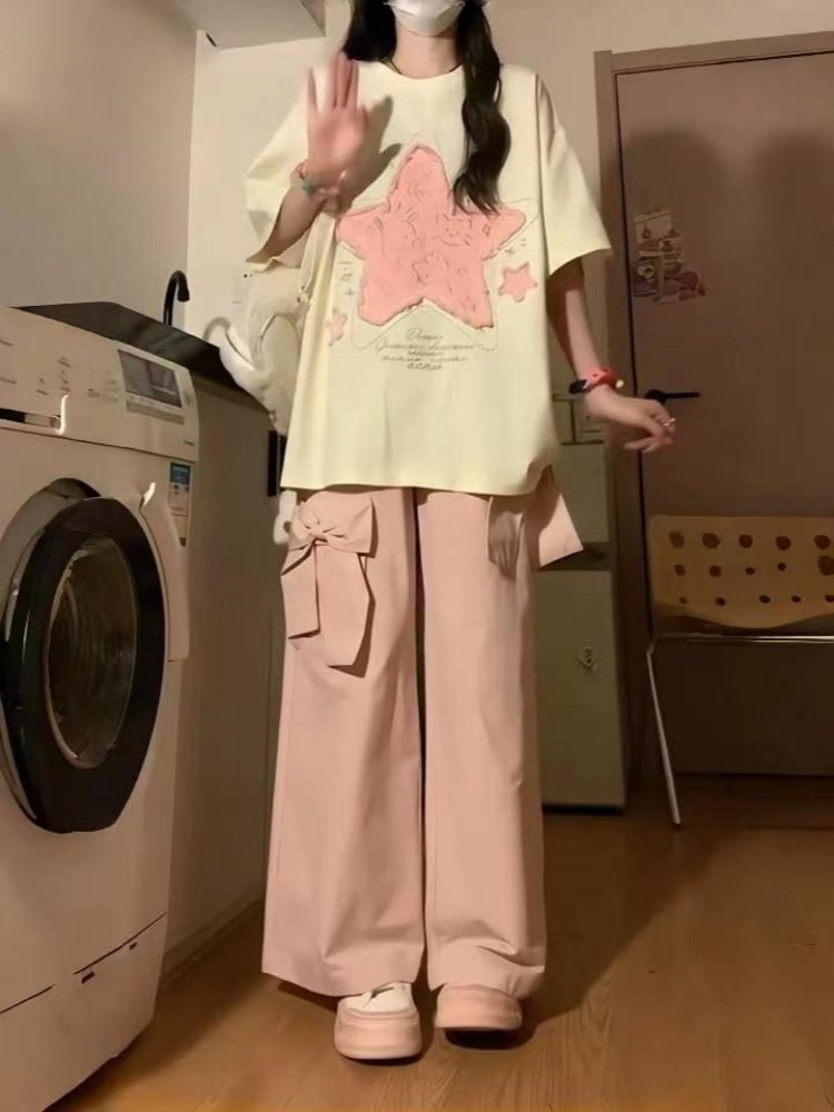 时尚潮酷套装女2024夏新款纯棉印花短袖百搭休闲工装阔腿裤两件套