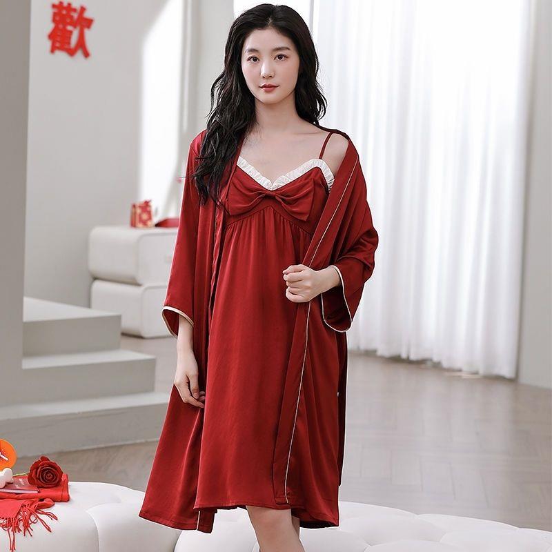 夏季高级丝绸新娘晨袍春秋季女士吊带结婚新娘红色睡袍睡衣女晨袍