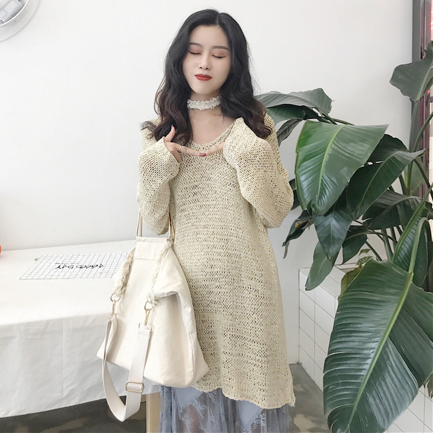 BZA 渔网镂空粗线中长款V领针织衫连衣裙女复古纯色百搭长袖罩衫