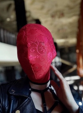 红色蕾丝花纹蒙面头套面罩弹力全包面具漏嘴女生角色性感演出cos