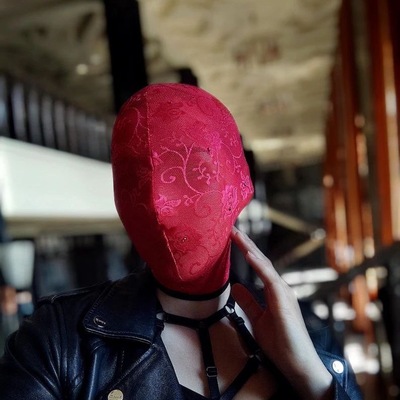 红色蕾丝花纹蒙面头套面罩弹力全包面具漏嘴女生角色性感演出cos