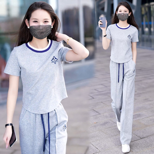薄款 圆领短袖 运动套装 女2026夏季 两件套 洋气宽松显瘦休闲跑步时尚