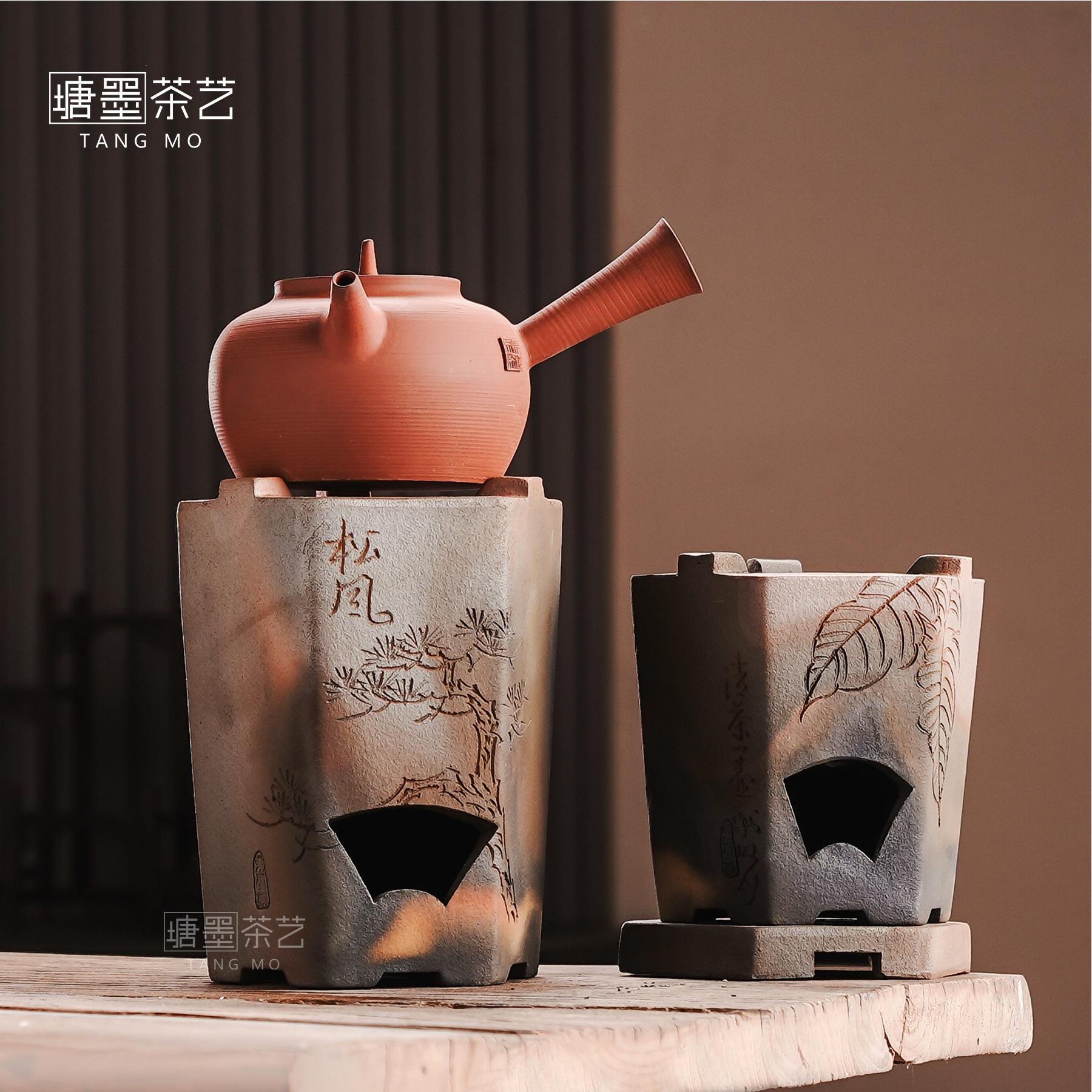 柴烧手刻煮茶炉复古带盖烧炭炉