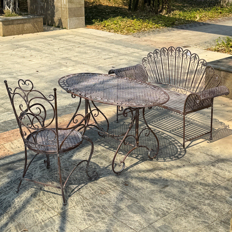 外单复古做旧铁艺户外桌椅套件露台庭院室外花园背靠双人椅花桌