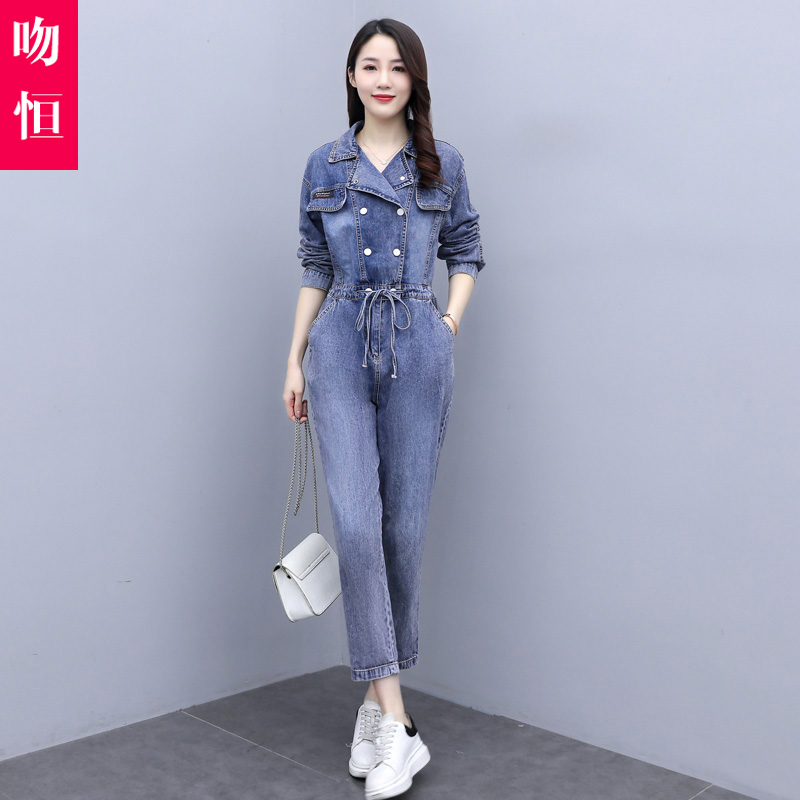牛仔工装连衣裤女2021年春秋季新款高腰显瘦洋气网红炸街连体衣服